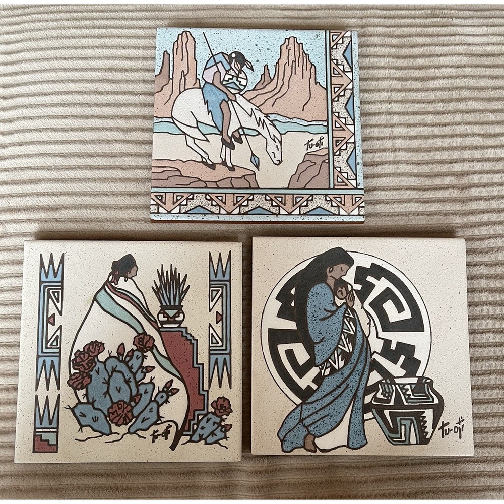 3 Vintage 1990 Earthtones Southwest Tiles 6" X 6" Signed Tu-oti Lot